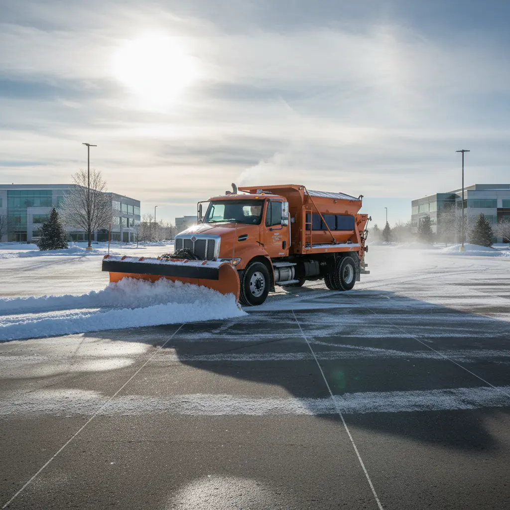 Professional snow plow clearing a commercial lot