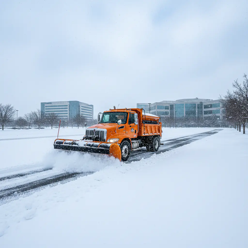Snow plow clearing a commercial property