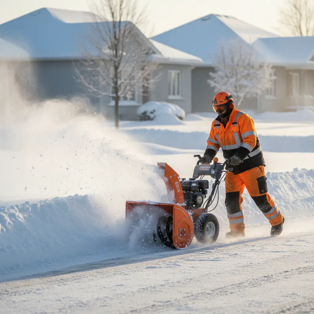 Worker with snow blower acting quickly